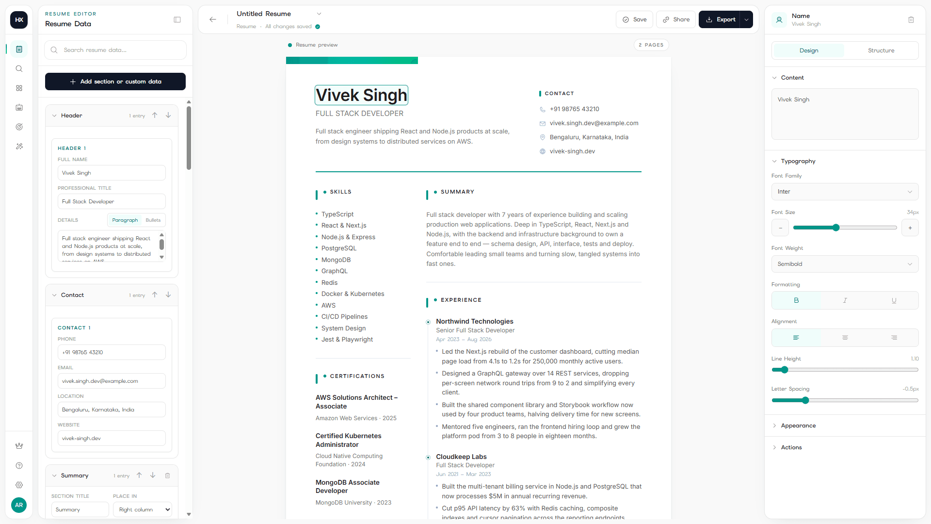 Hirixa resume builder preview